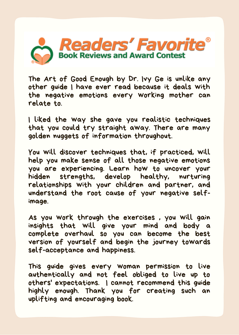 Readers' Favorite review of The Art of Good Enough by Dr. Ivy Ge. The book received a five-star seal on the book review site.