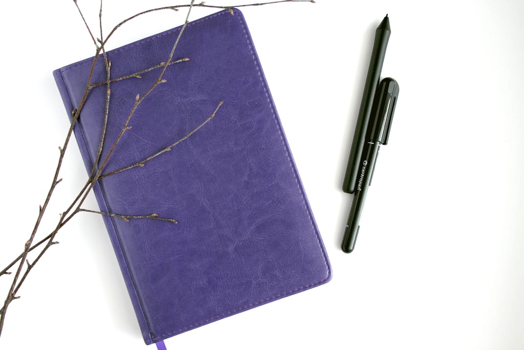 purple notebook with black pen and brown branches