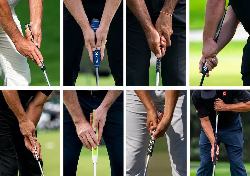 A photo collage of eight world’s best golfers' different putter grips. These images show that there's no one standard method to do anything, thus the topic of this blog post: a million ways to the moon.