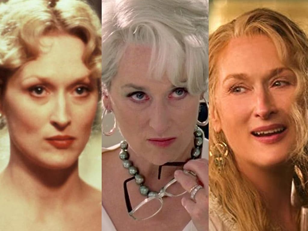 three Meryl Streep portraits side by side